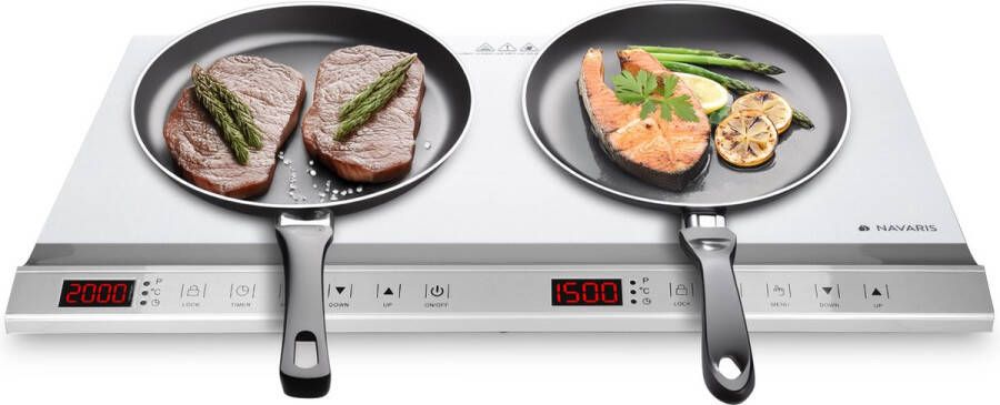 Navaris dubbele inductiekookplaat 3500 W 2 kookzones met timer en automatisch panherkenning 2 pits inductie kookplaat Draagbaar Wit