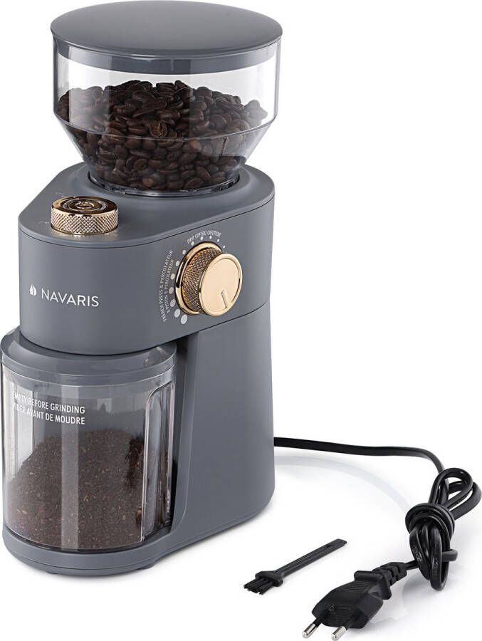 Navaris elektrische koffiemolen van RVS 200 W Professionele molen voor 14 kopjes Bonenmaler met 18 maalgraden Mat grijs met roségoud