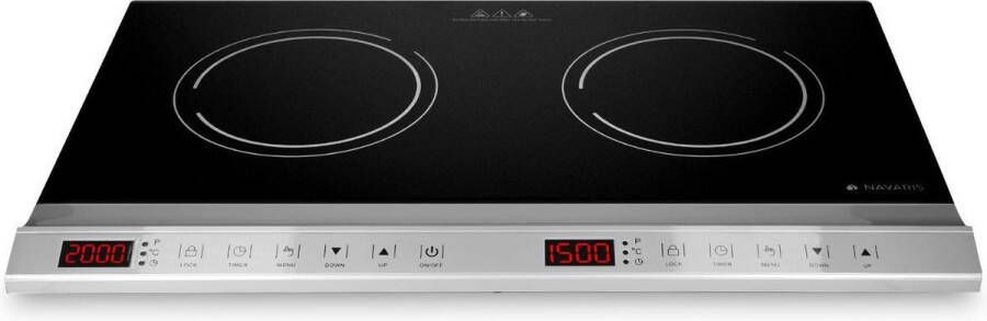 Navaris dubbele inductiekookplaat 3500 W 2 kookzones met timer en automatisch panherkenning 2 pits inductie kookplaat Draagbaar Zwart
