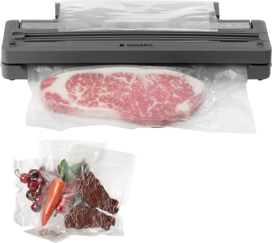 Navaris vacumeermachine met 5 vacuumzakken Voor sous vide koken 37 5 x 7 x 6 cm Met een vacumeerzakken rol Vacuum sealer Grijs