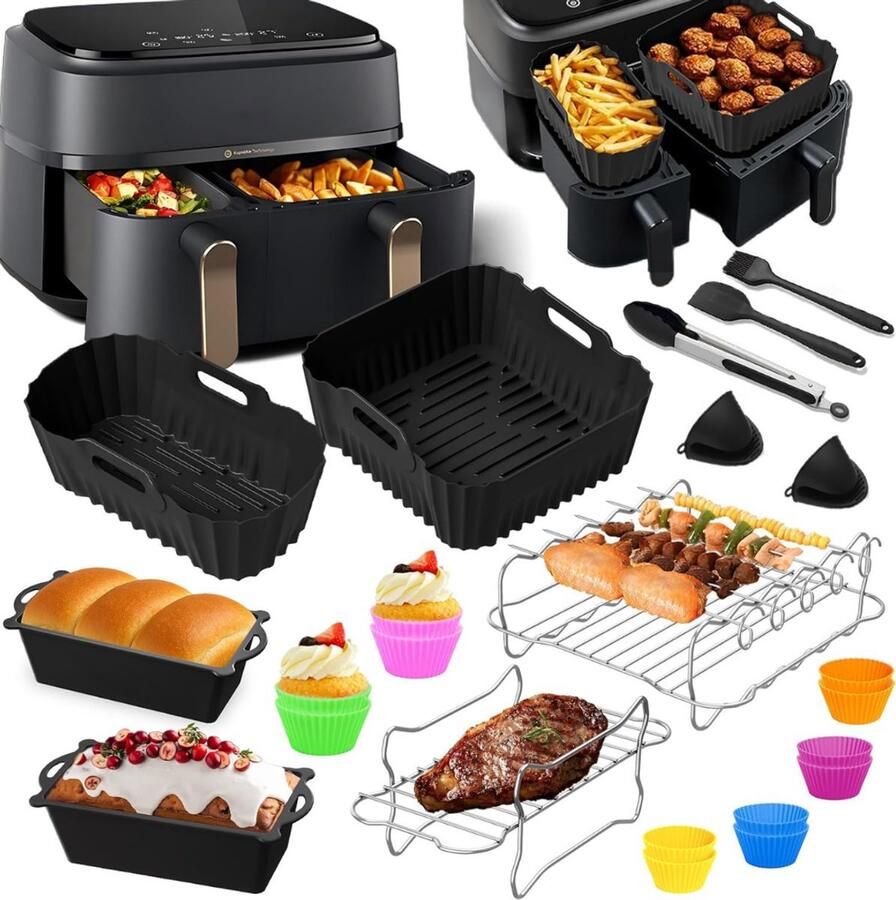 NBAP Airfryer Accessoires Bakpapier Siliconen Bakje Mand Spatels Oven Rek Zwart