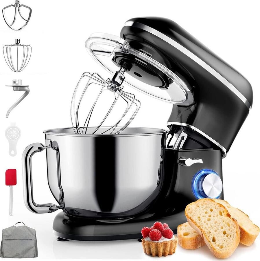 NBAP Luxe Deegmachine met Spatbescherming Deegmachine voor Zwaar Deeg Met Deeghaak en Garde Kneedmachine Keukenmachine Deegmixer met 10 Standen Zwart met Zilver