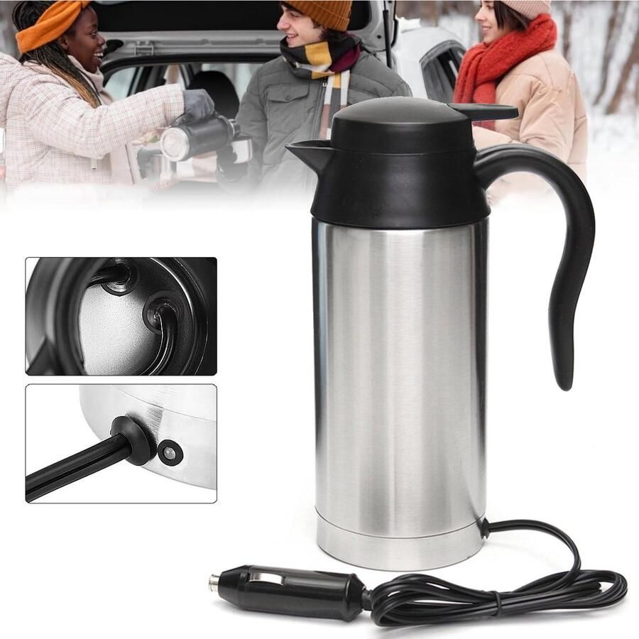 NCRealher Elektrische Auto Waterkoker 12V 750ml Elektrische Verwarmingsmok Roestvrijstalen Waterkoker Koffiekopjeswarmer Autoketel