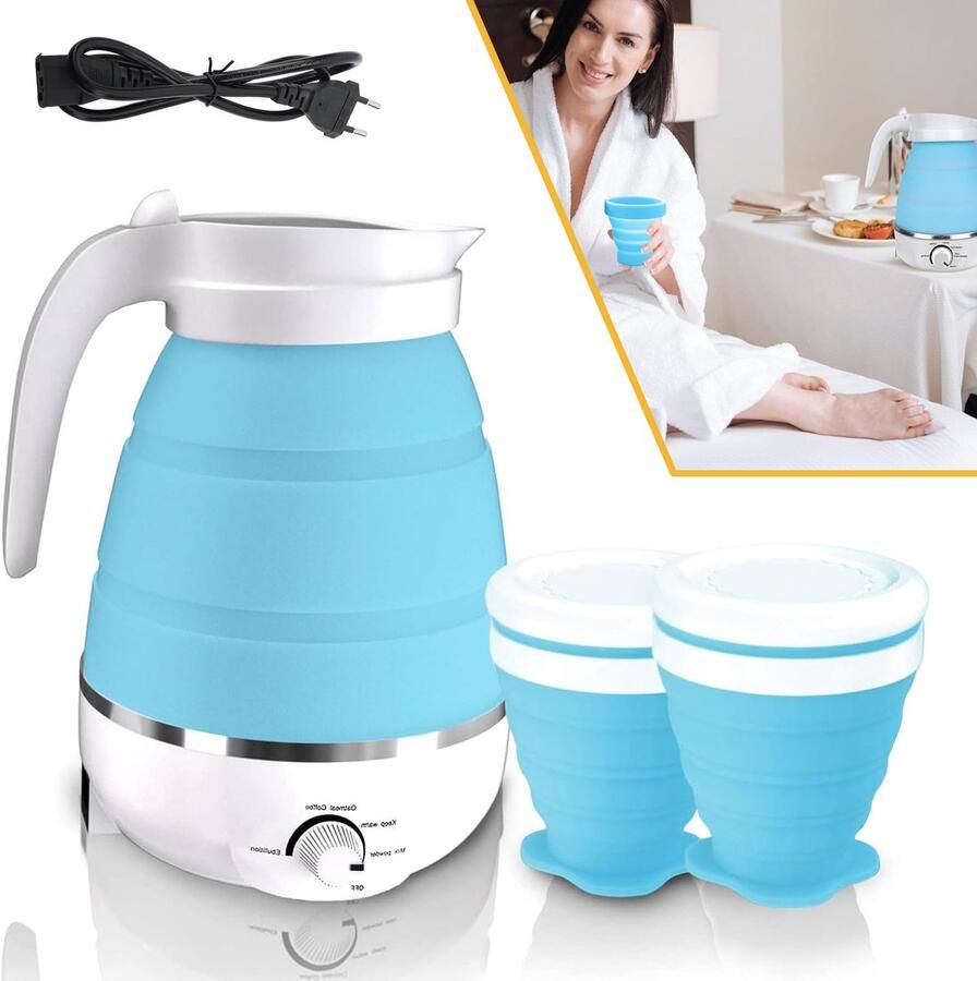 NCRealher Opvouwbare Waterkoker Elektrische Waterkoker 600ML Draagbare Reiswaterkoker Opvouwbare Waterkoker Met 2 Opvouwbare Kopjes