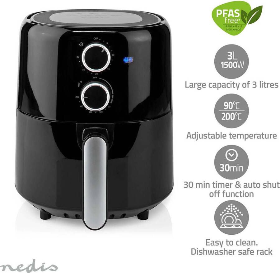 Nedis Airfryer – 3L – Heteluchtfriteuse – Gezond Frituren – Tijdschakelaar – Analoog – Compact – Zwart