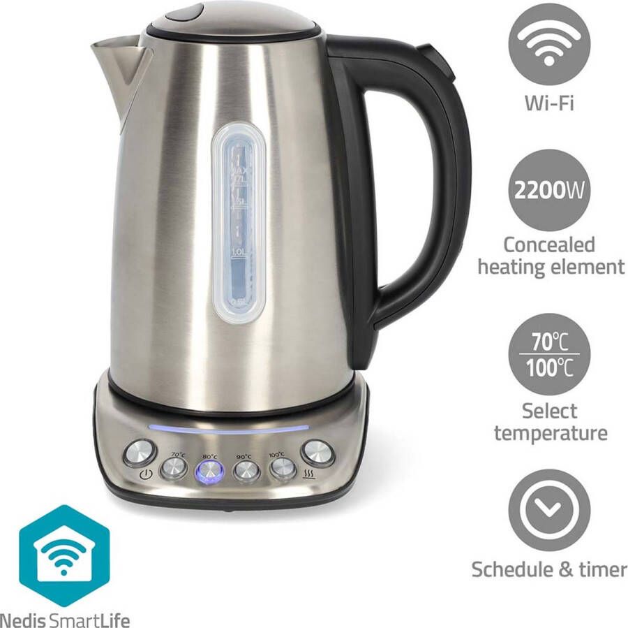 Nedis SmartLife Waterkoker Wi-Fi 1.7 l Roestvrij Staal 70 80 90 100 °C Temperatuurindicator 360 graden draaibaar Verborgen verwarmingselement Strix-controller Android IOS