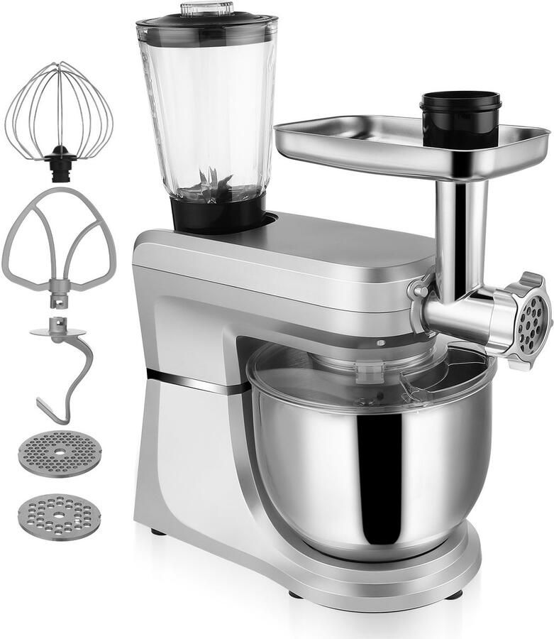 Nee Multifunctionele Keukenmixer met 6 Liter Roestvrijstalen Kom – Elektrische Keukenmixer met Vleesmolen Deeghaak Garde en Spatbescherming – EU-stekker