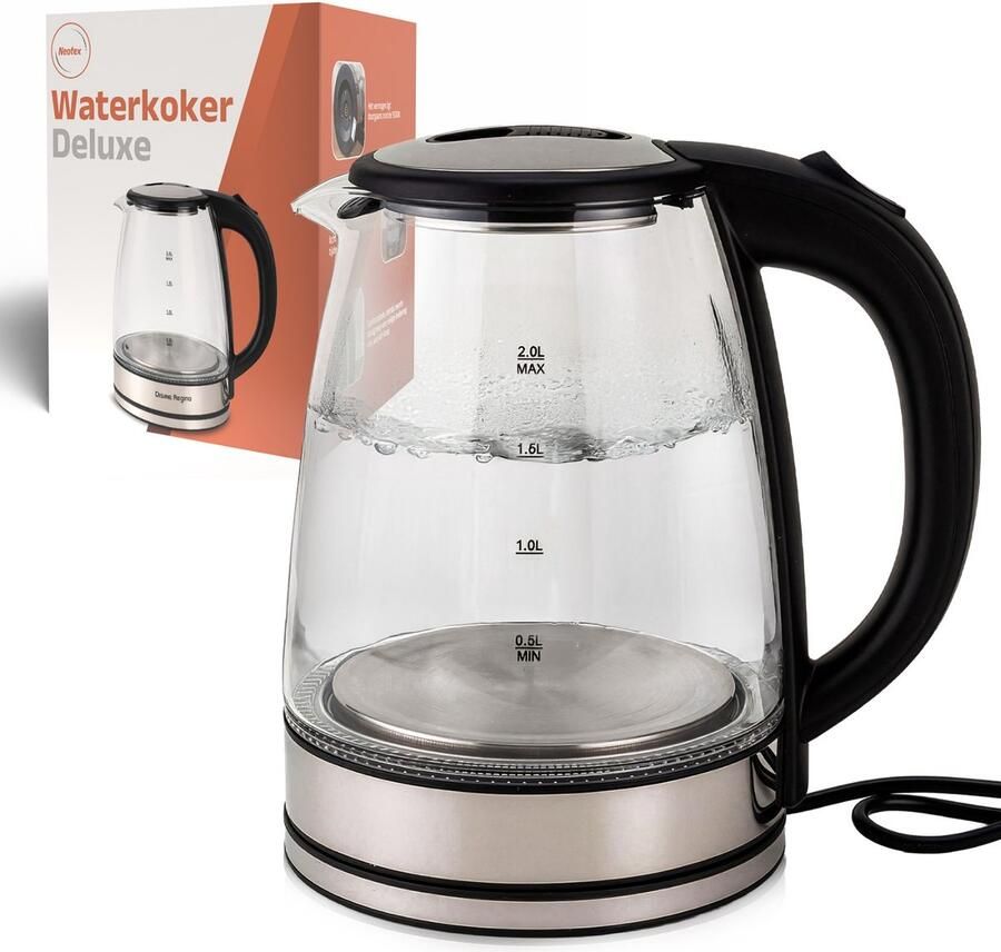 Neotex Glazen Waterkoker 2L – 1500W Draadloze Elektrische Waterkoker met LED Verlichting – Automatische Uitschakeling – EU Stekker 220-240V – CE Gecertificeerd