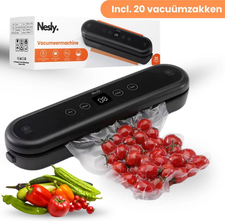 Nesly Nieuw! Vacumeermachine Vacuüm Sealer Plug & Play met 20 x Vaccumzakken Vacuümmachines voor Groente Fruit Vlees Vis en Ander Vers Voedsel Zwart