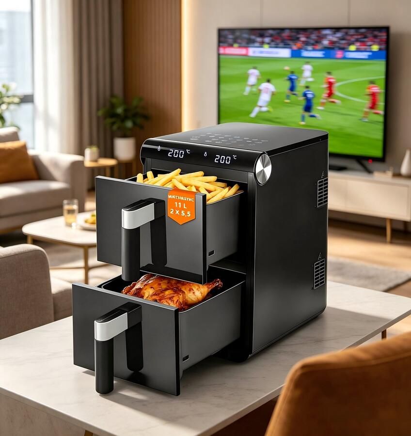 NETTLIFE Airfryer Dubbele Kamer 11L 2800W 13-in-1 Hetelucht Friteuse Touchscreen met Timer Vaatwasserbestendige Manden 2 Bakmanden voor Gezin Zwart