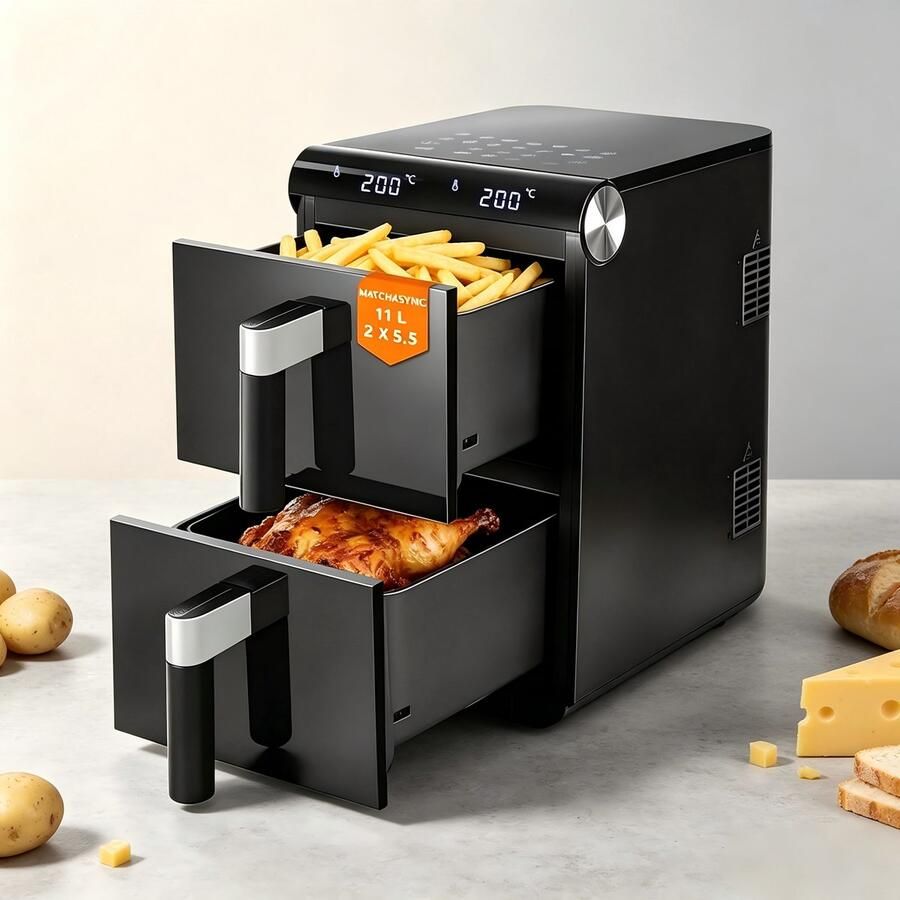 NETTLIFE Airfryer Dubbele Kamer 11L 2800W 13-in-1 Touchscreen Met Timer Vaatwasserbestendige Manden Familie Model