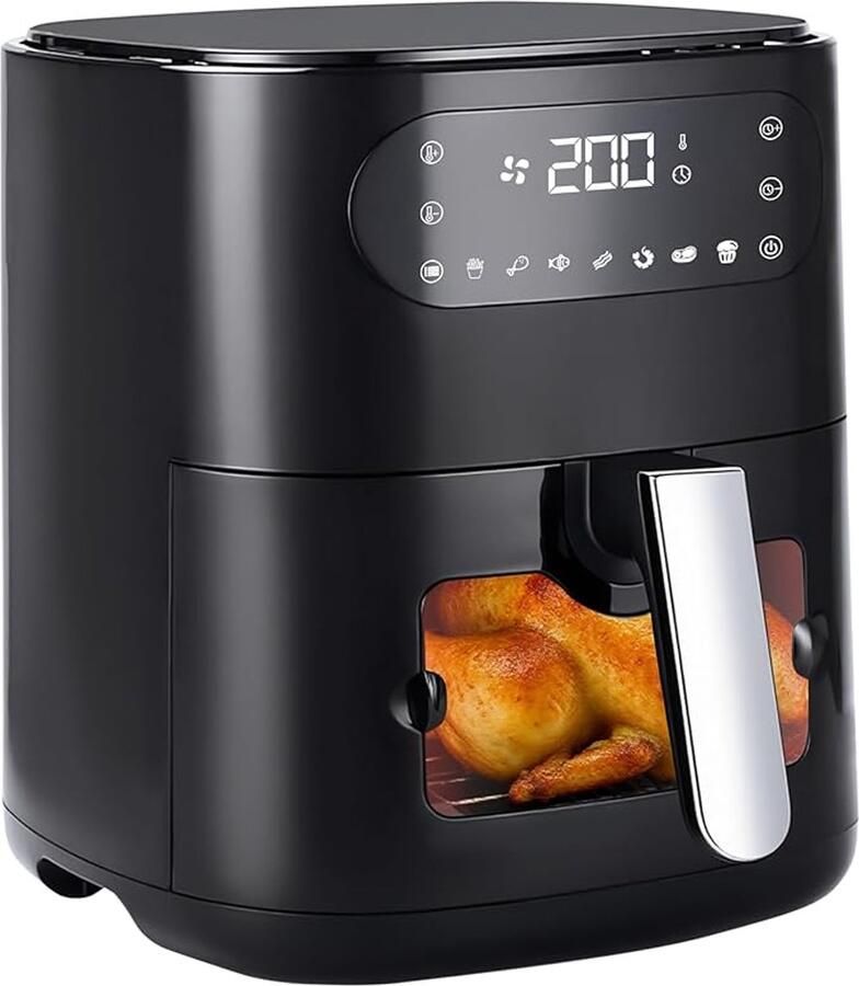 NETTLIFE Airfryer Hetelucht friteuse 6L Kijkvenster 1500W 7 Bakprogramma's 11 functies 80-200 °C Instelbaar Tot 5-6 personen met Timer & Touchscreen zwart
