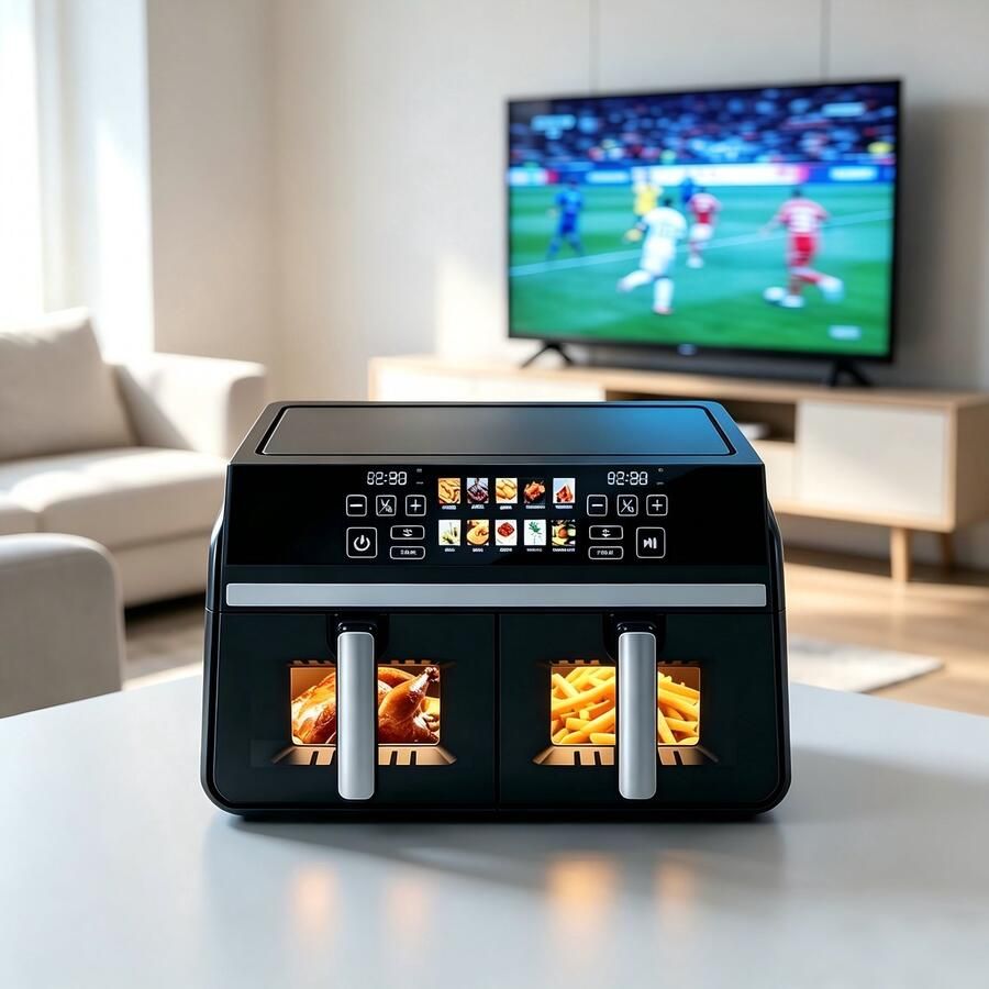 NETTLIFE Dubbele Airfryer 10L Dual Zone 5+5L Hetelucht Friteuse met Venster SYNC & DUAL Functie 2200W Touchscreen 24 Uur Timer Vaatwasserbestendig Zwart