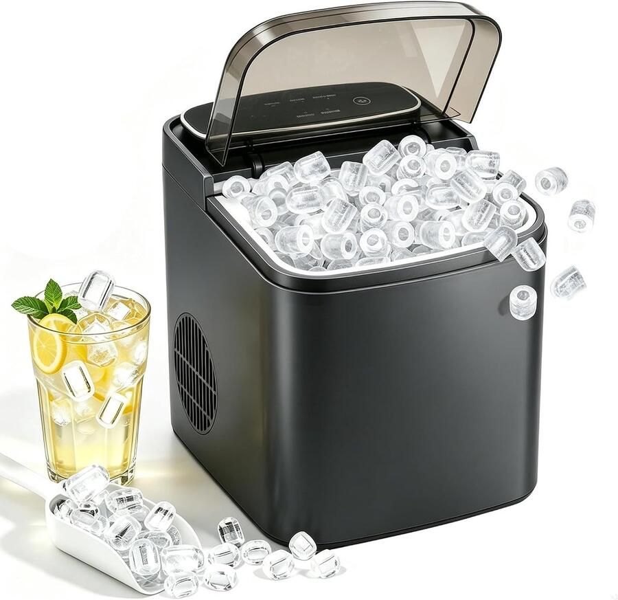 NETTLIFE Kleine Compacte & Stille IJsmachine Grijs – 9 IJsblokken in 6 Min – 2 IJsmaten – Tot 14 kg 24u – Automatische Stop – Zelfreinigend – Draagbaar – Voor Keuken Kantoor Bar & Feest