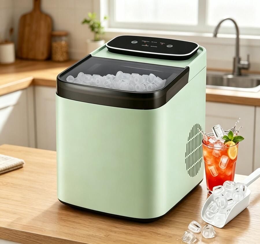 NETTLIFE Kleine Compacte IJsmachine – Stil – Snel 9 Blokken in 6 Min – 2 IJsmaten – Tot 14 kg 24u – Automatische Stop & Zelfreinigend – Draagbaar – Groen – Voor Keuken Kantoor Bar & Feest