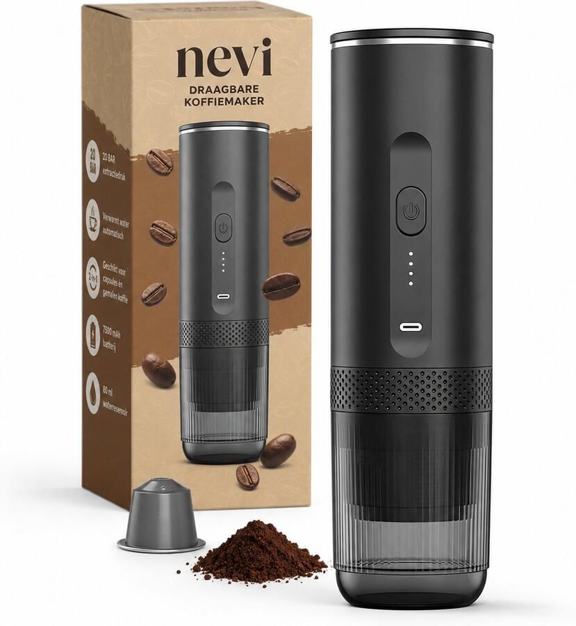 Nevi Draagbare Espressomachine 3 in 1 Zelfverwarmend 20 Bar 7500 mAh Voor Nespresso Cups en Gemalen Koffie Camping en Auto