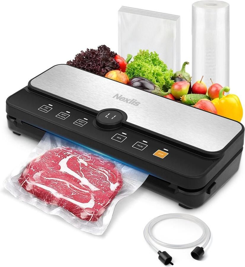 Nexlis Vacumeermachine – Vacuum Sealer met Rolhouder – 3m PFAS-vrije Rol + 5 Vacuümzakken – 7 Standen – 8L min – Vacuumslang Voor Voedsel Bewaren Meal Prep & Sous Vide
