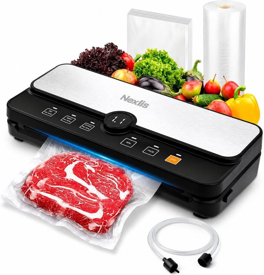 Nexlis Vacumeermachine – Vacuum Sealer met Rolhouder – 3m PFAS-vrije Rol + 5 Vacuümzakken – 7 Standen – 8L min – Vacuumslang Voor Voedsel Bewaren Meal Prep & Sous Vide
