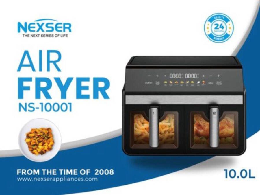 Nexser 10L Dual Basket Airfryer – 2400W – 2 x 5L – RVS – Touchscreen LED Display – Multifunctioneel – Olievrij – Grillen Bakken Roosteren & Dehydrator