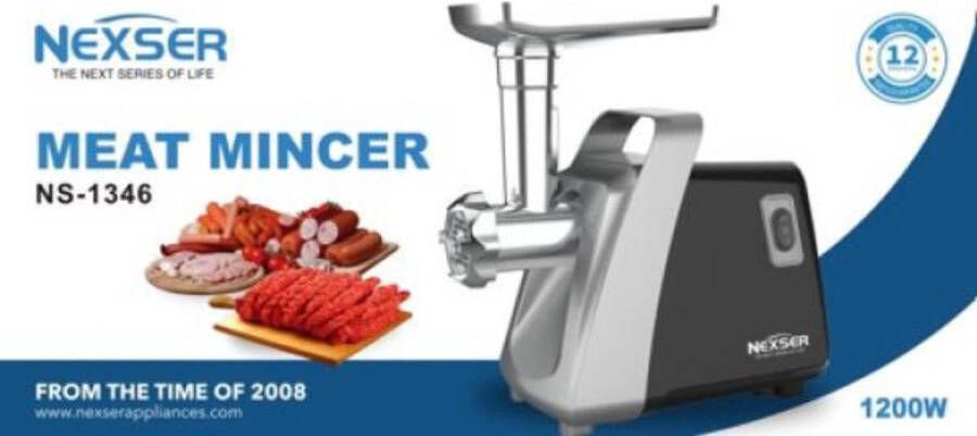 Nexser 1200W Elektrische Vleesmolen – Heavy Duty 3-in-1 Gehaktmolen met Sausage- & Kebbe-maker – Inclusief 3 Maalschijven & Reverse Functie