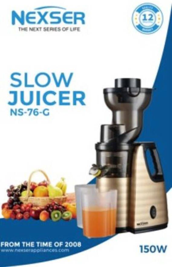 Nexser 150W Slow Juicer – Professionele Langzame Juicer met Grote Vulopening – RVS Mes & Zelfreinigend – Goud