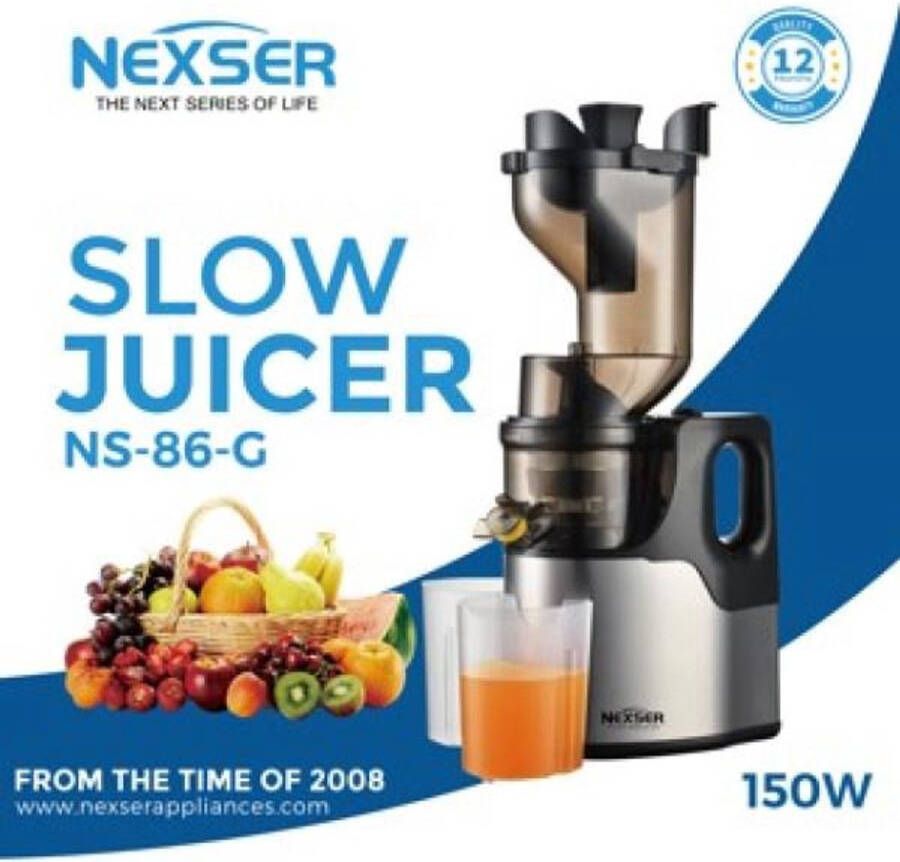 Nexser 150W Slow Juicer – Professionele Langzame Juicer met Grote Vulopening – RVS Mes & Zelfreinigend – Zilver