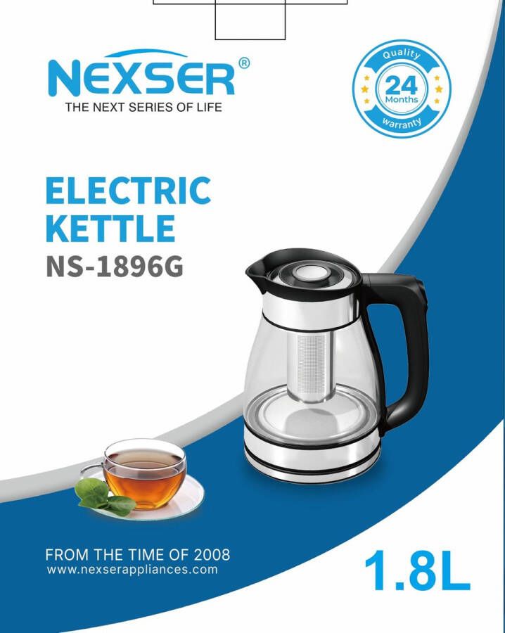Nexser 1.8L Glazen Elektrische Waterkoker 1500W LED Verlichting Automatische Uitschakeling Draadloos 360° Basis