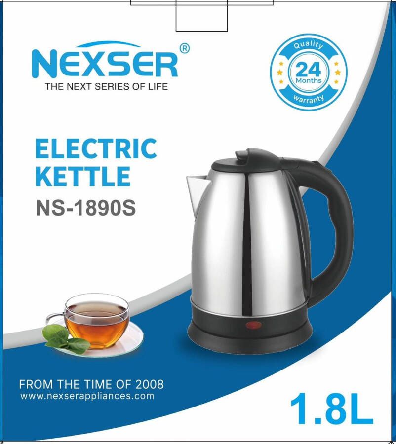 Nexser 1.8L RVS Elektrische Waterkoker 1500W Automatische Uitschakeling Droogkookbeveiliging Draadloos Design