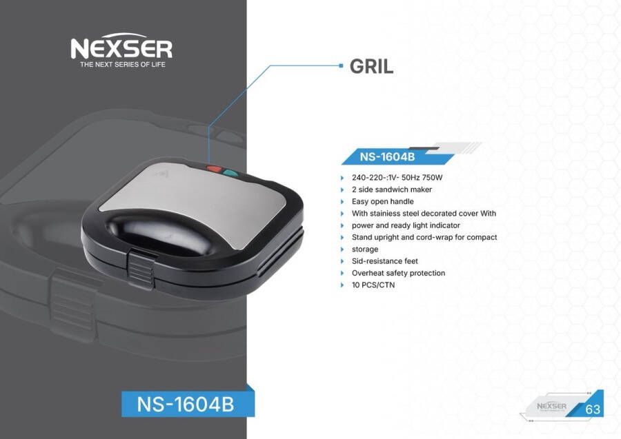 Nexser 2-Slice Sandwich Maker – 750W – Multifunctioneel Ontbijt Toaster – Verwisselbare Platen (Grill & Wafel) – Anti-aanbaklaag – Cool Touch
