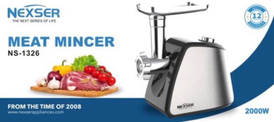 Nexser 2000W Elektrische Vleesmolen – Heavy Duty Gehaktmolen met RVS Behuizing – Sausage Maker – Professioneel & Huishoudelijk Gebruik