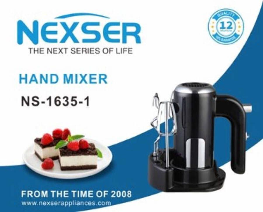 Nexser 200W 3-in-1 Hand Mixer – 5 Snelheden – RVS Behuizing – Inclusief Basis – Turbofunctie voor Bakken en Mixen