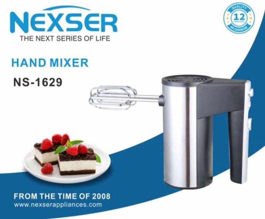 Nexser 200W 7-Snelheden Hand Mixer – RVS Behuizing – Multifunctioneel voor Kloppen Mixen en Kneden – Thuis en Horeca