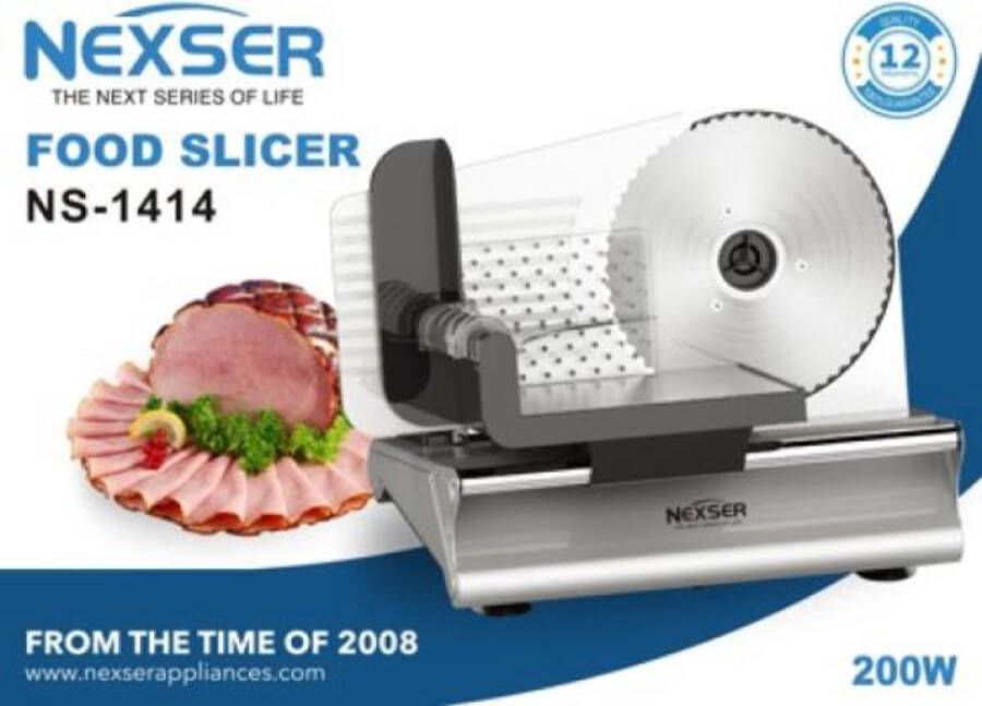 Nexser 200W Elektrische Vleessnijder – Aluminium Food Slicer met Pure Copper Motor – Instelbare Dikte 0-15mm – Veiligheidsmesbeschermer – Antislip Voet