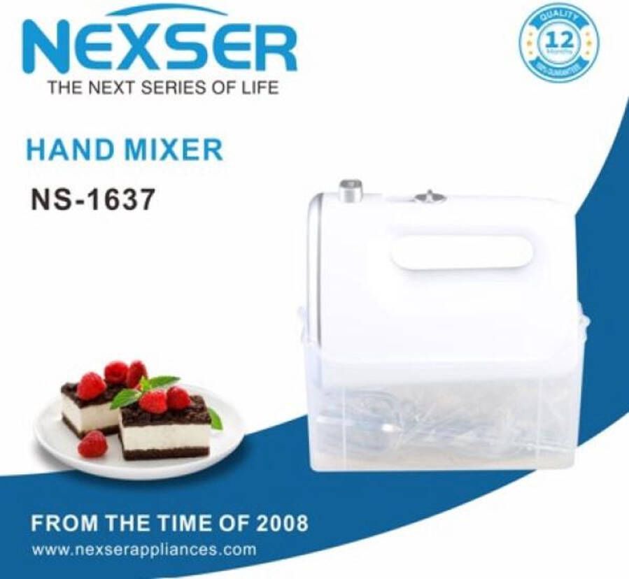 Nexser 200W Handheld Mixer – 6 Snelheden – 5 RVS Accessoires voor Bakken en Mixen – Egg Beater Whisk en Deeghaak