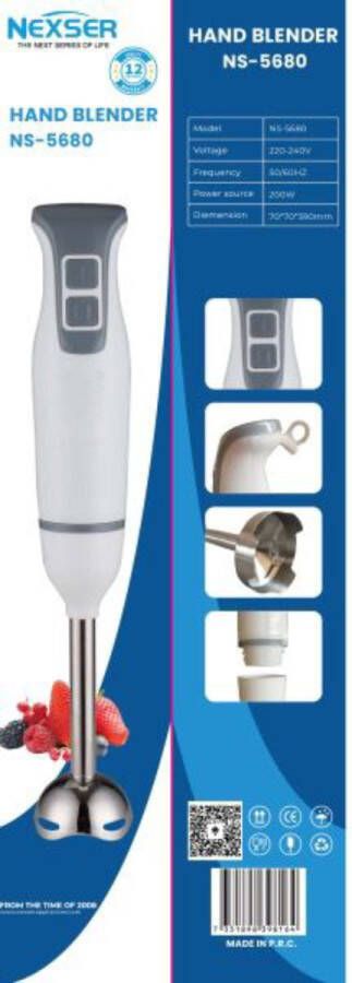 Nexser 200W Staafmixer – Hand Blender met RVS Staaf en 2 Snelheden – Elektrische Handmixer voor Soepen Sauzen Smoothies en Babyvoeding