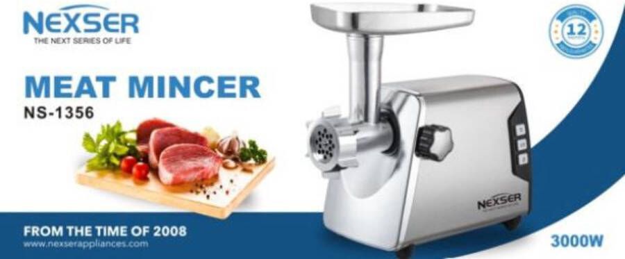 Nexser 3000W Elektrische Vleesmolen – Heavy Duty RVS Gehaktmolen met Maalschijven & Worstmaker – Professionele Vlees Grinder voor Thuis & Horeca