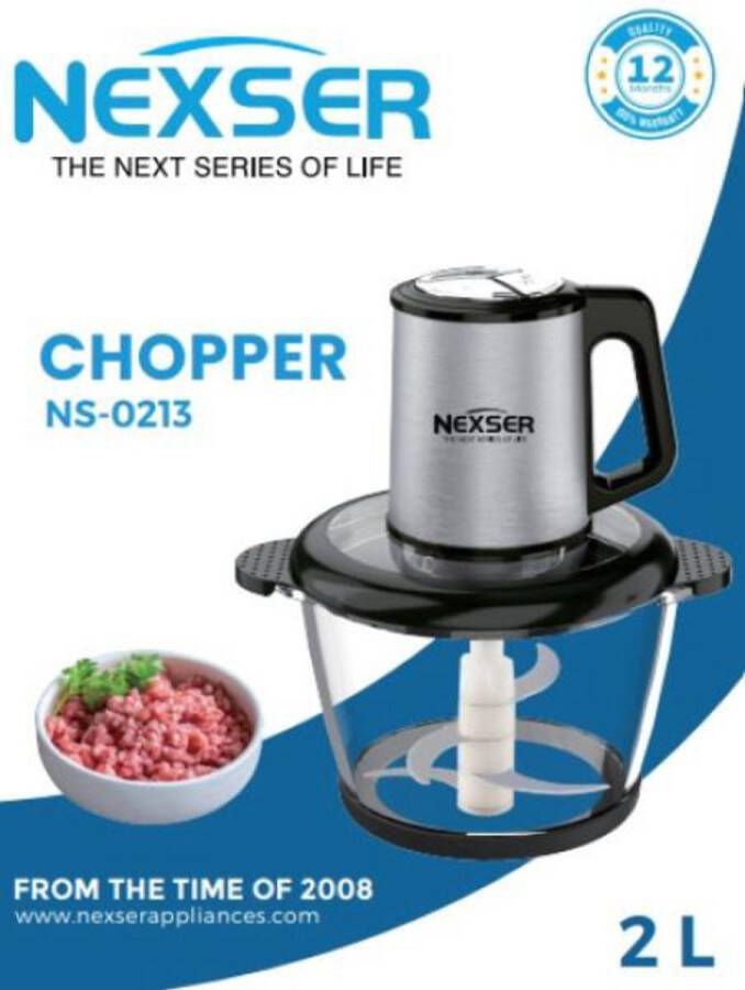 Nexser 300W Mini Vleesmolen – 2L Glazen Kom – 3 Snelheden – Compacte Food Processor & Yam Pounder – Krachtig & Multifunctioneel