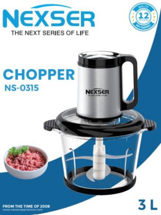 Nexser 300W Mini Vleesmolen – 3L Glazen Kom – 3 Snelheden – Compacte Food Processor & Yam Pounder – Krachtig & Multifunctioneel