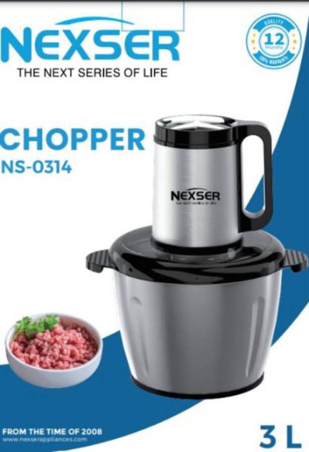 Nexser 300W Mini Vleesmolen – 3L RVS Kom – 3 Snelheden – Grote Food Processor & Yam Pounder – Krachtig & Duurzaam