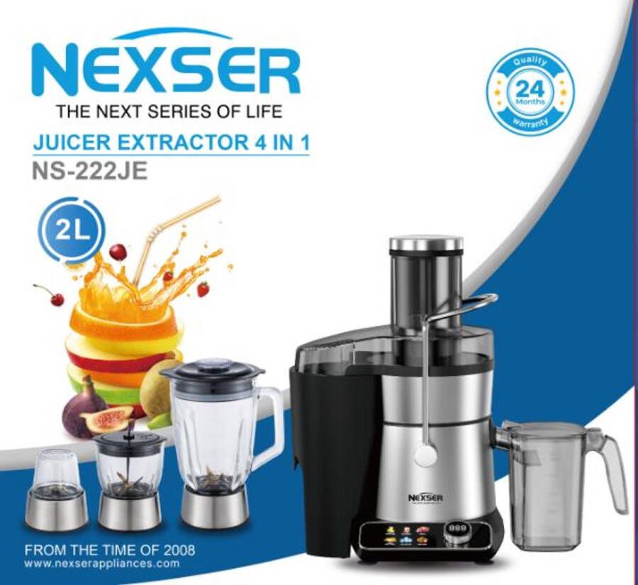 Nexser 4-in-1 Blender & Juicer – 1200W Multifunctionele Keukenmachine met 1.7L Glazen Kom – Voor Smoothies Babyvoeding Vlees & IJsklontjes