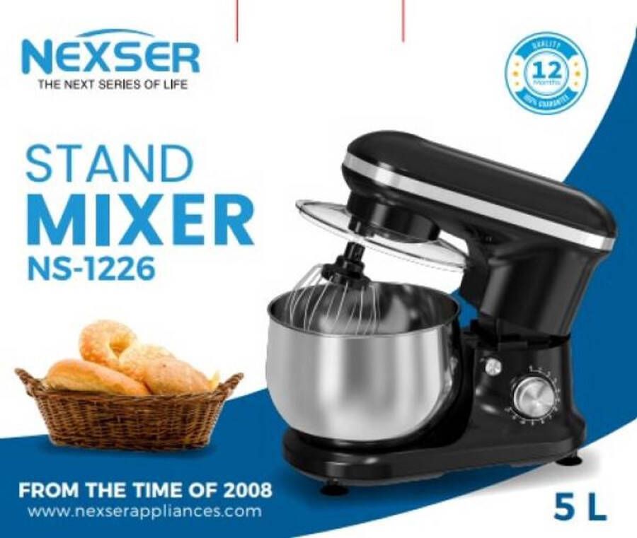 Nexser 5L Elektrische Stand Mixer – 1000W – Multifunctionele Keukenmixer voor Cake Brood Deeg en Slagroom – 10 Snelheden Spiraalhaak & Accessoires