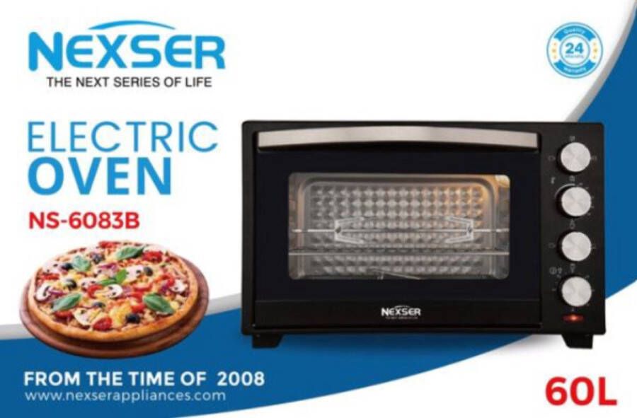 Nexser 60L Multifunctionele Air Oven – 2000W – Zwarte Elektrische RVS Oven voor Bakken Braden Pizza Grillen en Air Frying – Grote Capaciteit voor Thuis en Horeca