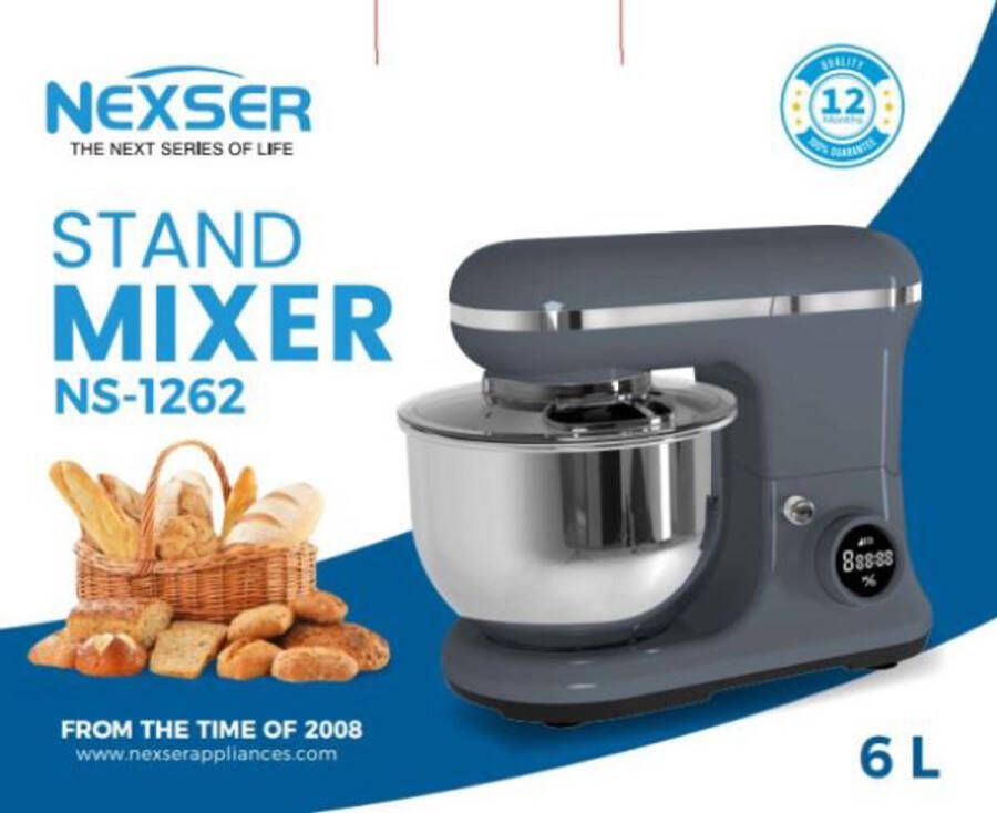 Nexser 6L Professionele Stand Mixer – 1200W Elektrische Deegmixer met RVS Mengkom – 6 Snelheden voor Brood Taart & Beslag