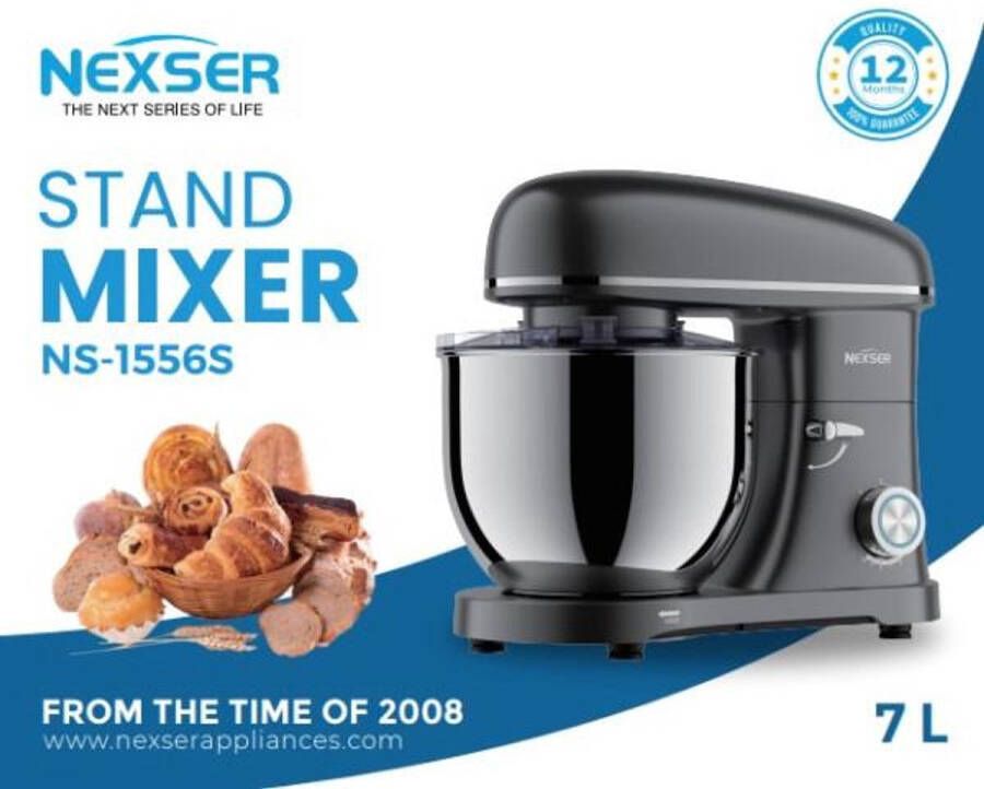 Nexser 7L Keukenmachine met RVS Kom – Professionele Deegmixer 1300W voor Brood Taart & Pizzadeeg