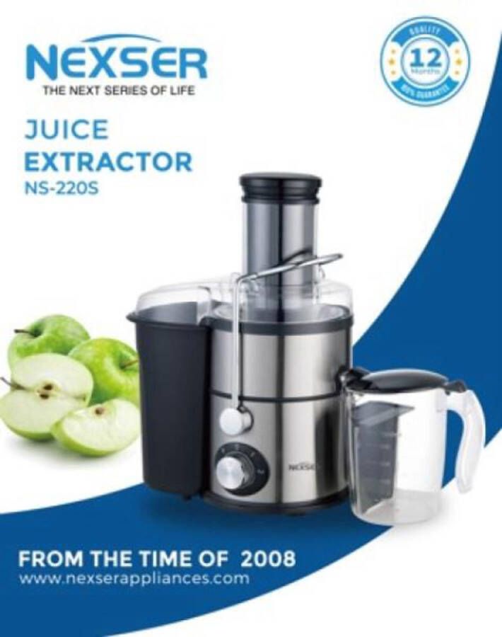 Nexser 900W Centrifugal Juicer – 2-Speed Hoge Snelheid Sapmachine – 1L Sapkan & 2L Pulpreservoir – RVS & ABS – Stil en Multifunctioneel voor Thuisgebruik