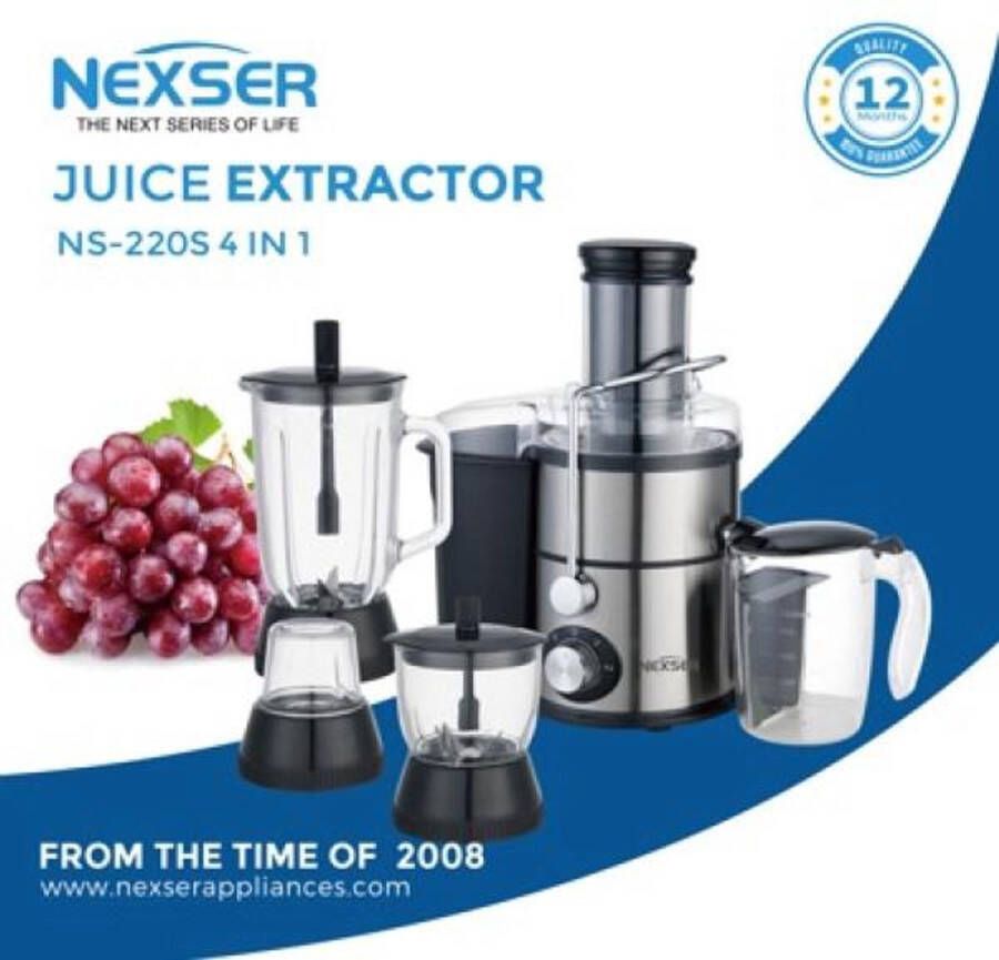 Nexser 900W Sapcentrifuge – 4-in-1 Juicer Machine met RVS Blades en Brede Vulschacht – Elektrische Juicer voor Groenten en Fruit 1.5L