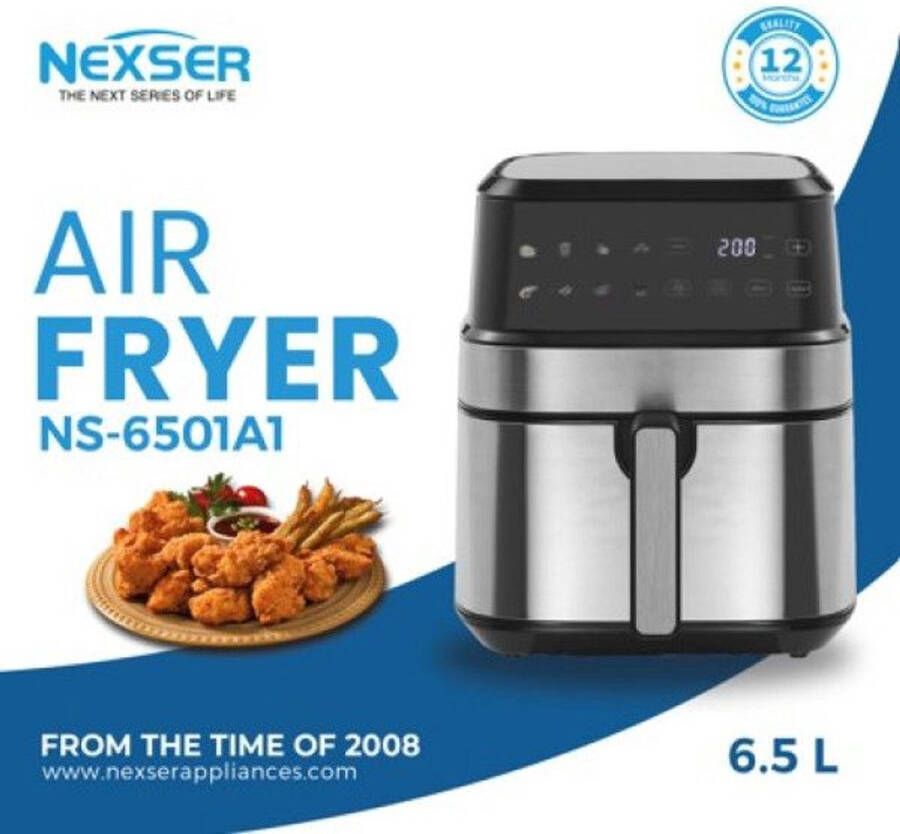 Nexser Airfryer 6 5L – Heteluchtfriteuse – 1200W – Olievrij – Mechanische Timer – Met Kookraam – Familieformaat – Gemakkelijk Schoon te Maken