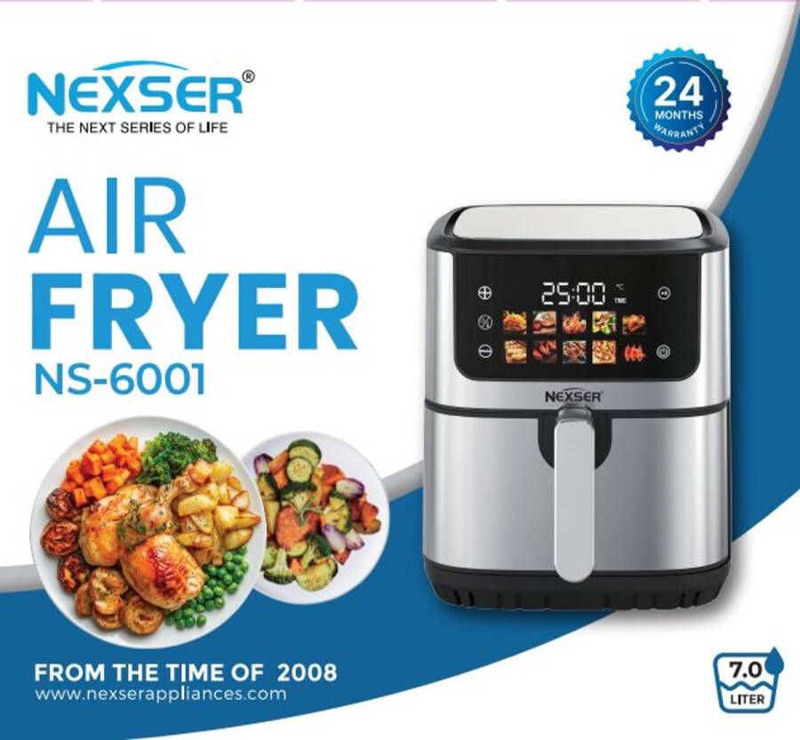 Nexser Airfryer 7L – Moderne Vierkante Heteluchtfriteuse – Touch Screen – Digitaal Display – Olievrij – Multifunctioneel – 1500W – Easy Clean