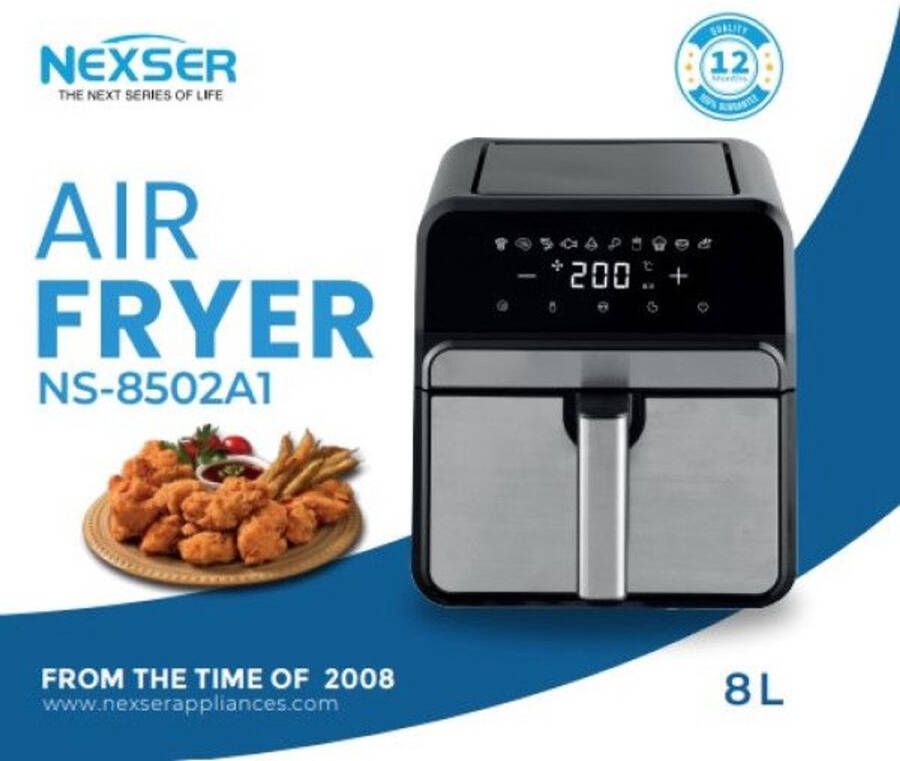 Nexser Airfryer 8L – Digitale Heteluchtfriteuse – 1800W – RVS – Touchscreen LED Display – Olievrij – Multifunctioneel – Easy Clean – Familieformaat