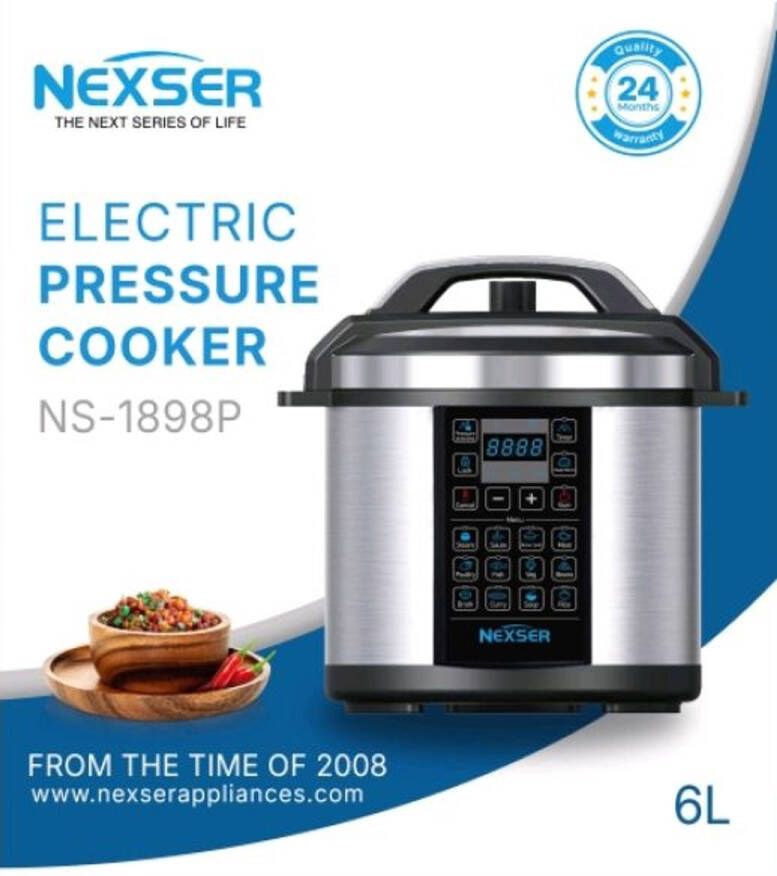 Nexser Elektrische Snelkookpan 10-in-1 – 6L – 1000W – RVS – aanraakknop – LED Display – Instelbare Druk – Anti-aanbaklaag – 8-Voudige Beveiliging
